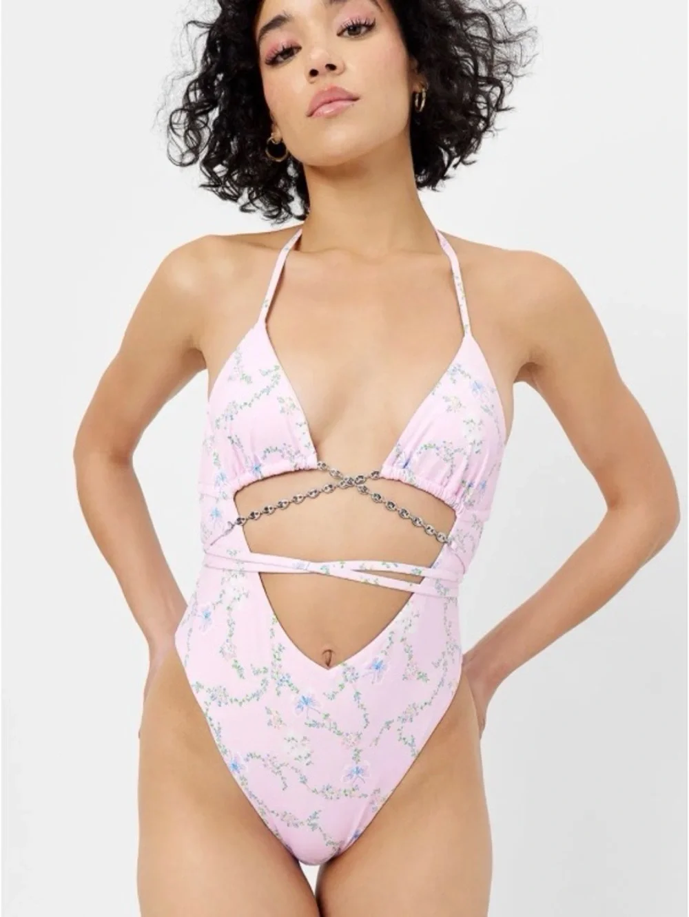Frankie's Bikinis Gemma pink  Floral wrap swimsuit sz medium